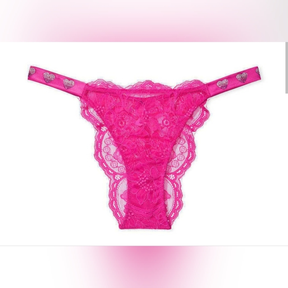 M Victoria's Secret Shine Strap Brazilian Lace Panty Pink Heart